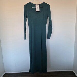 Bold & Chic Teal Ribbed Knit Maxi Dress Long Sleeve Scoop Neck Women's L NWT